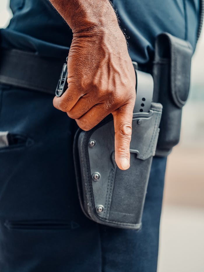 A close-up view of a police officers hand resting on a holstered firearm, depicting law enforcement readiness.